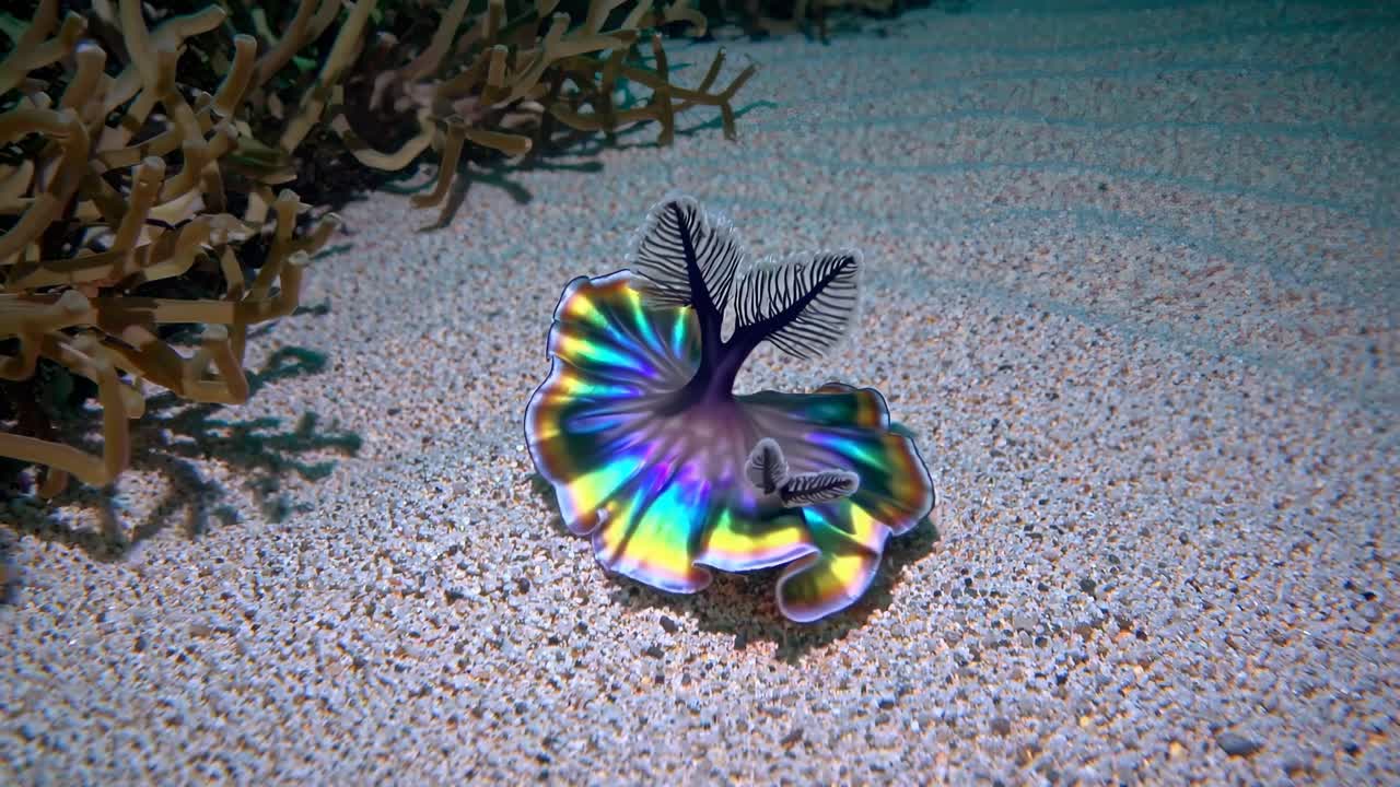 Underwater video of a vibrant, colorful sea slug on sandy ocean floor, captured from a close-up