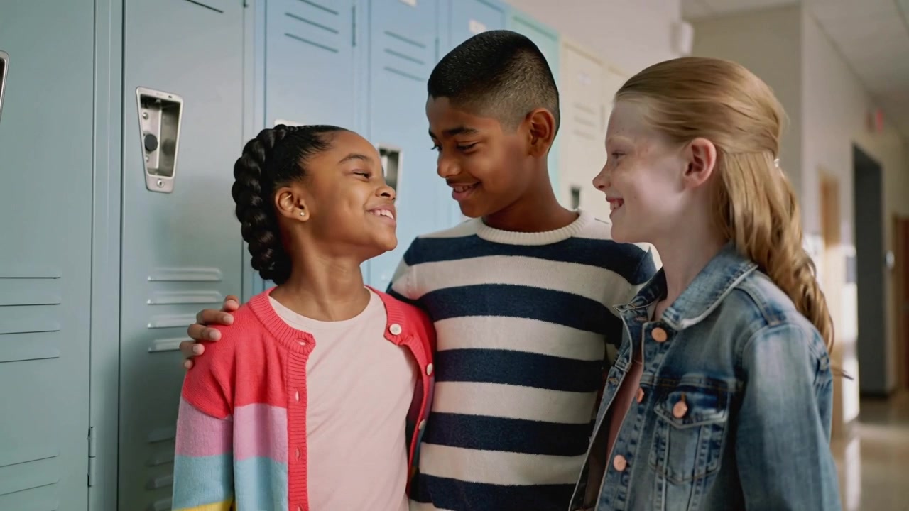 Shifting, boy in striped sweater resting arm on left girl at school by blue lockers, supporting