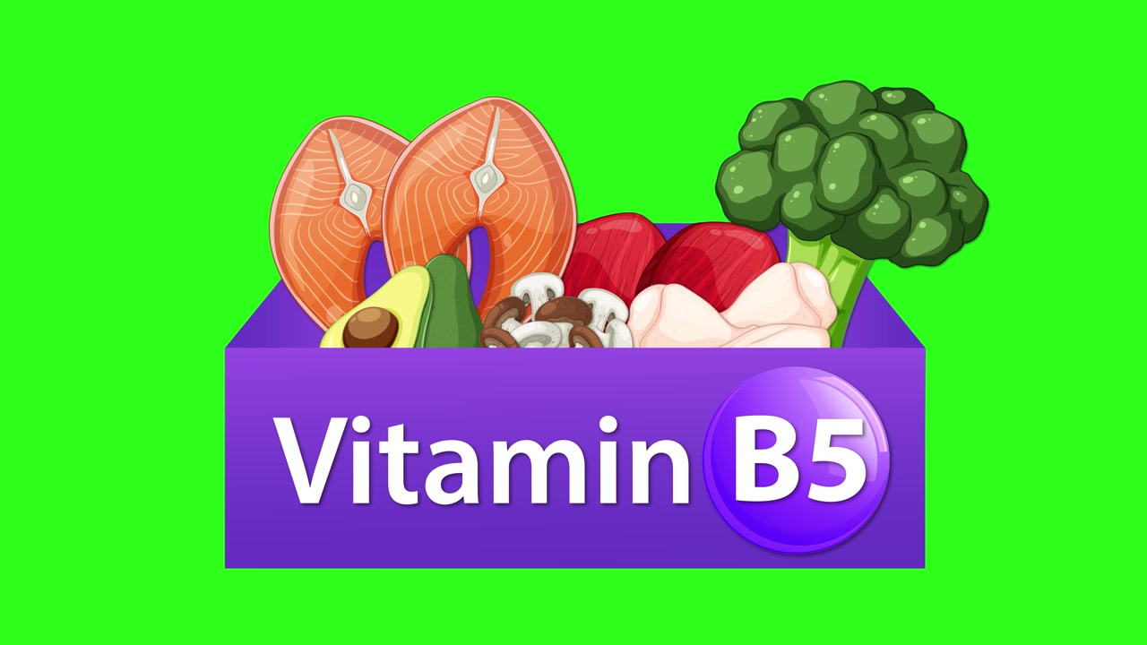 Una scatola animata rivela l'etichetta della vitamina B5 e diversi alimenti salutari su uno sfondo verde brillante