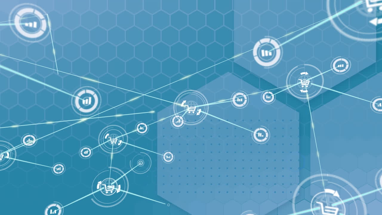파란색 배경에 육각형 위에 아이콘으로 연결된 네트워크의 애니메이션