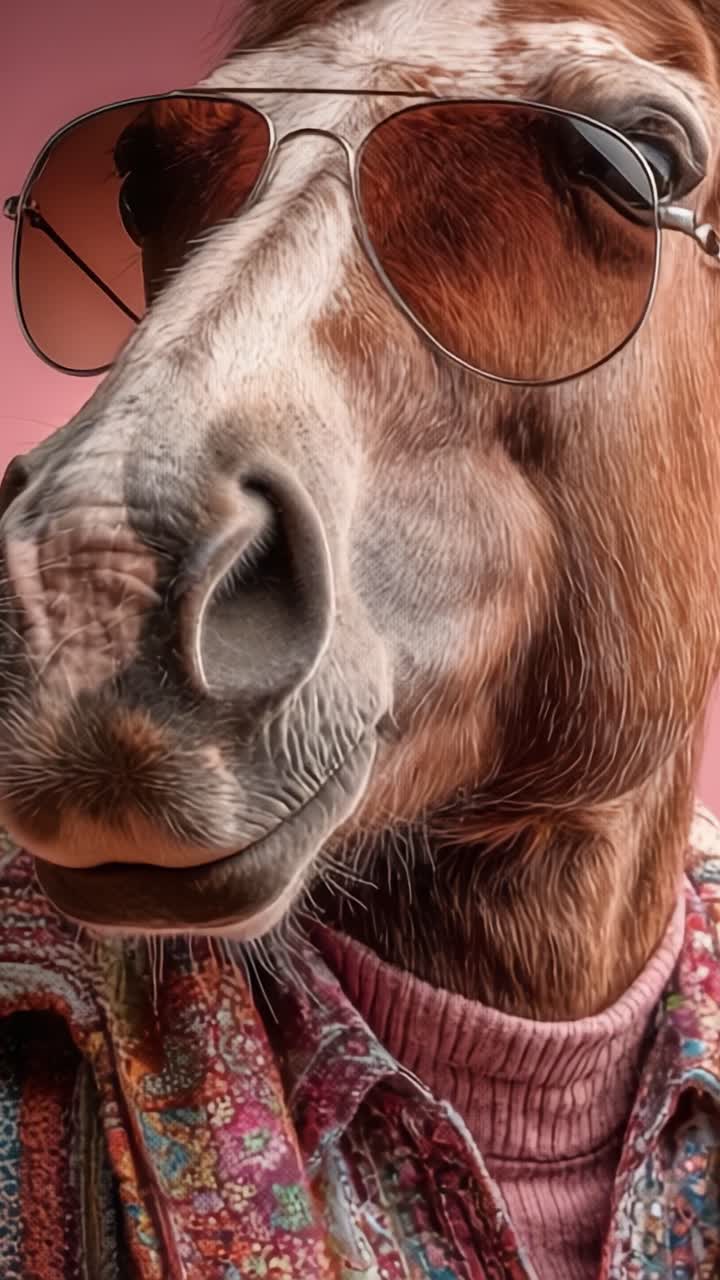 Un cavallo elegante con occhiali da sole si mette in posa contro uno sfondo rosa vivido, mostrando il suo abbigliamento unico e la sua presenza carismatica in un ritratto stravagante