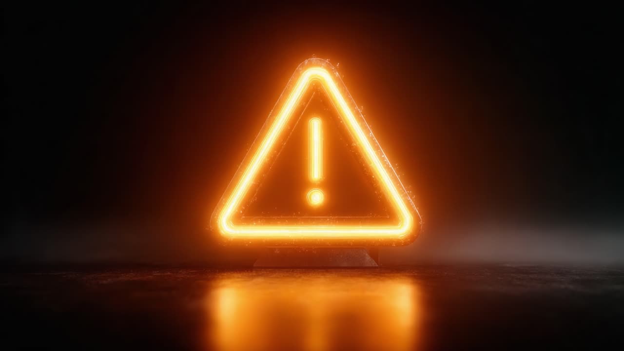 A Dramatic Display of Warning: An Illuminated Orange Triangle Sign with Exclamation Mark, Signifying Caution and Alertness in a Dimly Lit Environment