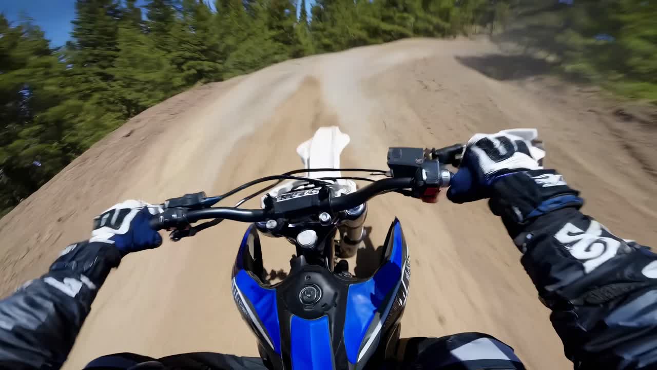 POV video shot of a motorcyclist riding through a forest trail, capturing the dynamic speed