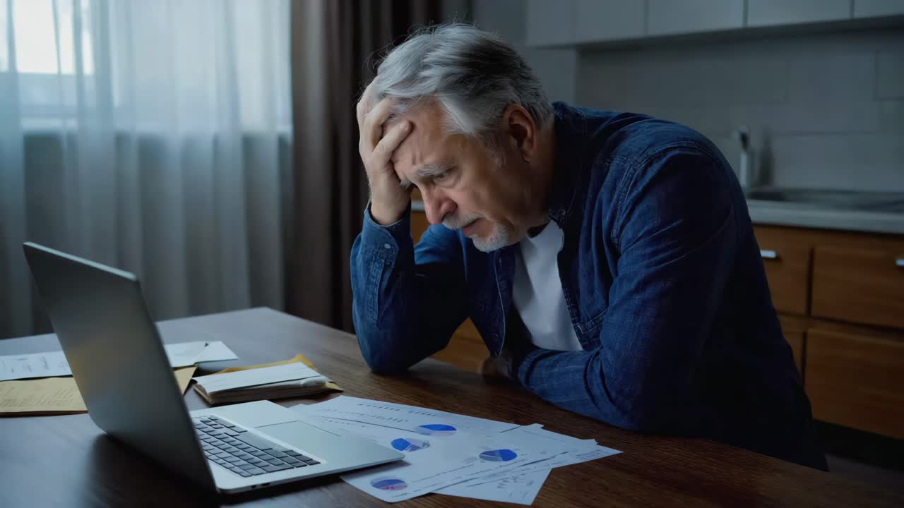 Worried man looking at financial charts on laptop