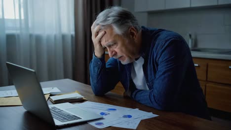 worried man looking at financial charts on laptop