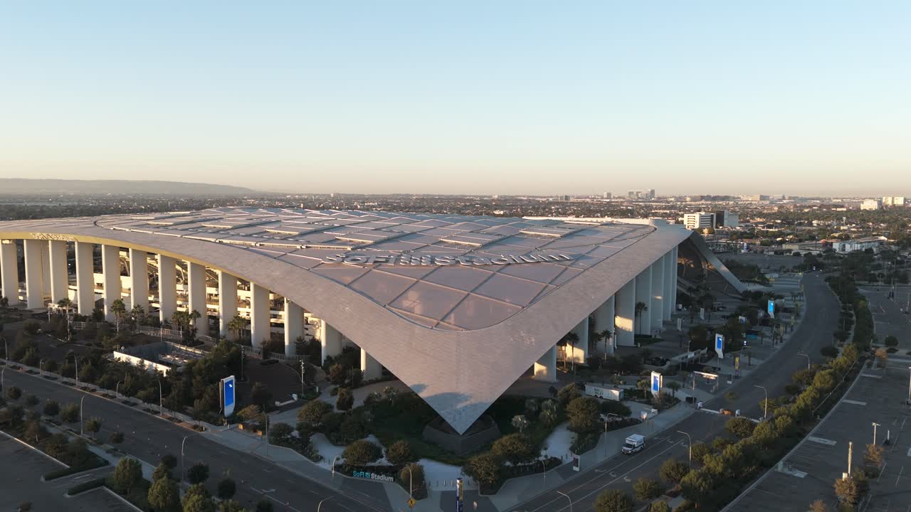 Sofi Stadium Aerial Shot During Sunrise with empty parking lot