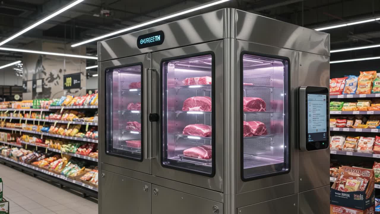 Modern Meat Display Case in a Supermarket Showcasing Various Cuts of Fresh Meat Under Bright LED Lights with Colorful Product Selection in the Background