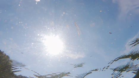 sunlight and sky beneath rippled surface of turquoise lake, underwater