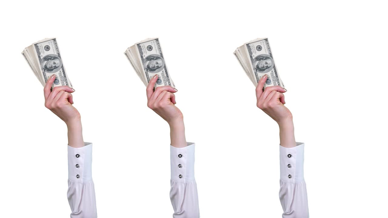 돈, 현금, gif 애니메이션, 클로즈업, 여성 손,  블라우스, 백 달러 지폐 어리를 들고, 그들을 흔들고,  바탕에 고립되어,  모양의 이 없는 패턴, 애니메이션