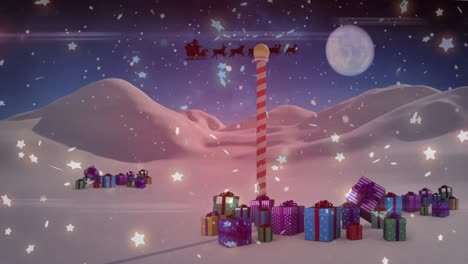 Animation-of-winter-scenery-with-presents-and-santa-claus-in-sleigh