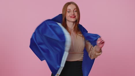 pretty teen girl waving european union flag, smiling, cheering democratic laws human rights freedoms