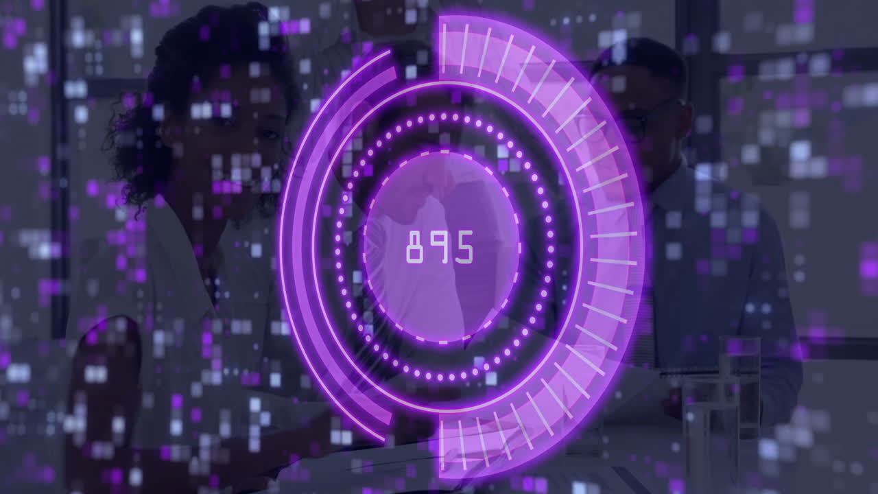 Digital data processing animation over diverse professionals collaborating in office