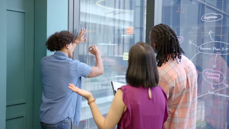 brainstorming business strategy, team collaborating with sticky notes on glass wall