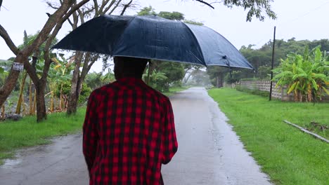 Close-up-shot-of-a-young-man-walking-in-the-rain-with-a-umbrella-on-a-cloudy-day-at-Harare,-Zimbabwe