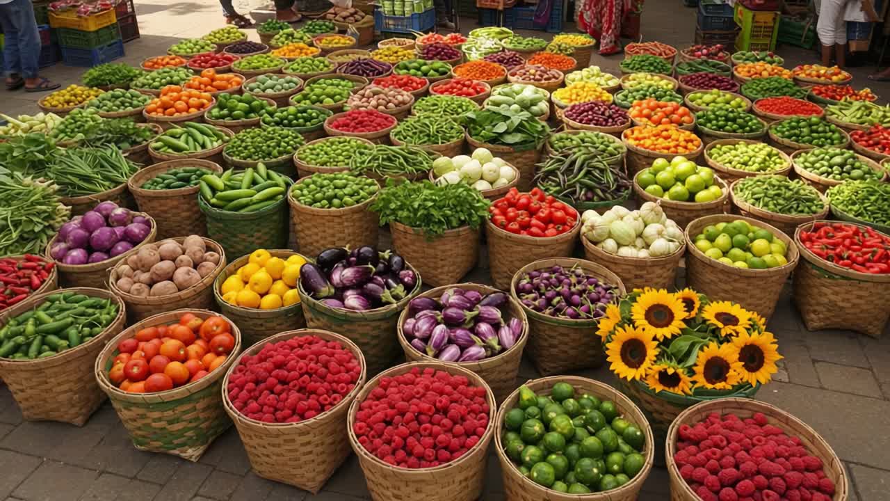 A Vibrant Marketplace Displaying a Colorful Array of Fresh Fruits and Vegetables in Baskets, Showcasing Nature's Bounty and a Lively Shopping Experience