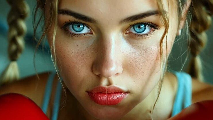Een vrouw met blauwe ogen die rode bokshandschoenen draagt.