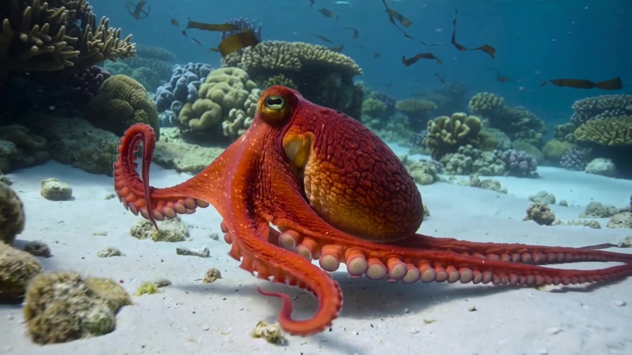Esplorando la barriera corallina, un polpo rosso-arancio dispiega i tentacoli e scivola a destra sul fondale sabbioso vicino al corallo.