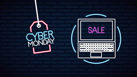 cyber monday neon lights animation with laptop