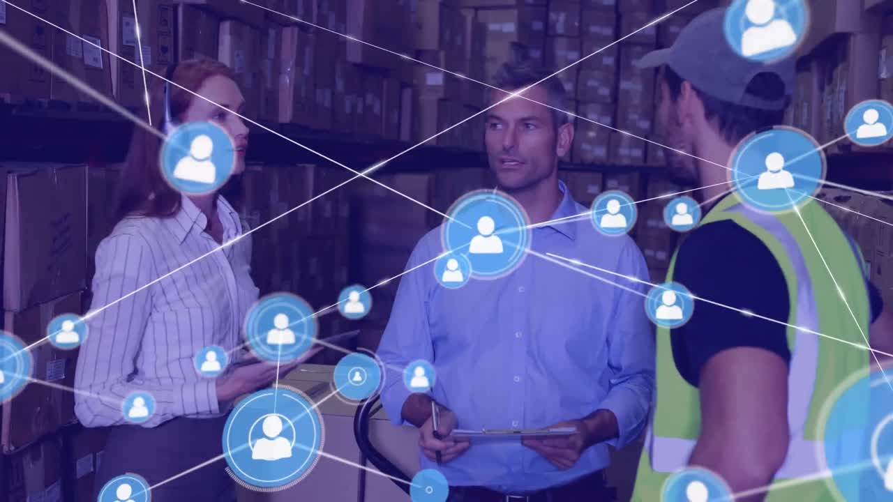 Animazione di una rete di connessioni con icone su diversi lavoratori in un magazzino.