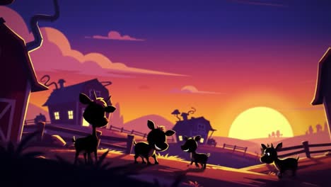 a serene dusk on the farm: enchanting silhouettes of cattle and farmhouses against a vivid sunset sky symbolizing tranquility in nature's embrace