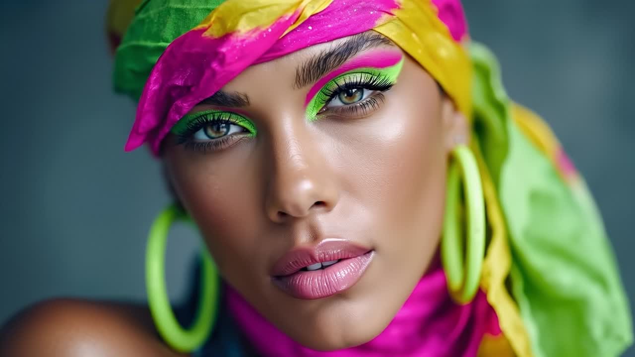 A woman with bright green and pink makeup and a colorful head scarf