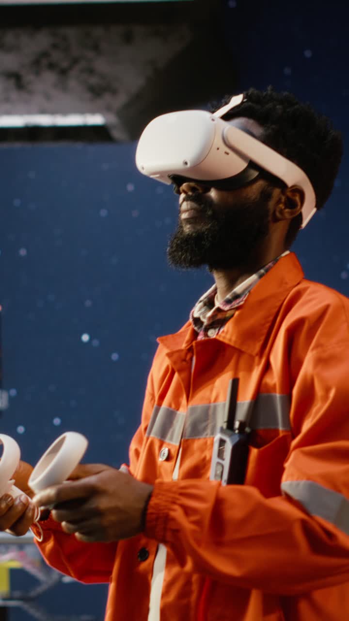 Vertical Video Engineers with VR glasses on offshore oil platform use virtual reality tech