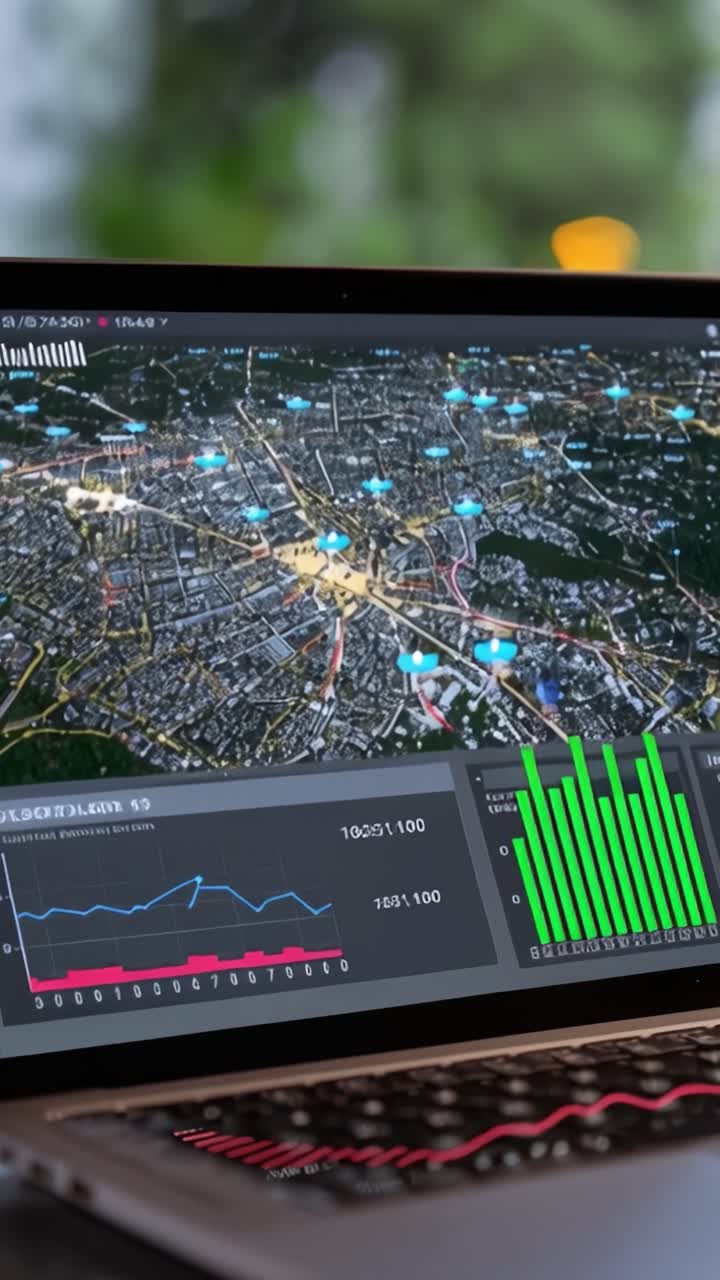 Visualizzazioni dinamiche di dati su schermo di laptop che mostrano mappe cittadine, grafici analitici e metriche per il monitoraggio in tempo reale e approfondimenti su attività e tendenze locali.