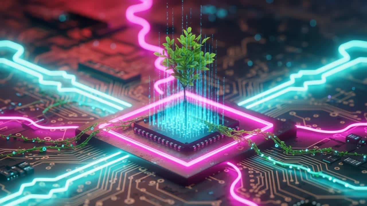 A Futuristic Fusion of Technology and Nature: A Microchip Surrounded by Lush Greenery and Vibrant Neon Lights Symbolizing Ecological Innovation and Digital Harmony