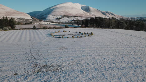 Castlerigg-Stone-Circle-Flyover-In-Richtung-Berg-Blencathra-Im-Winter