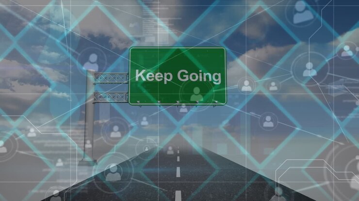 Animation of network of connections with icons over green road sign