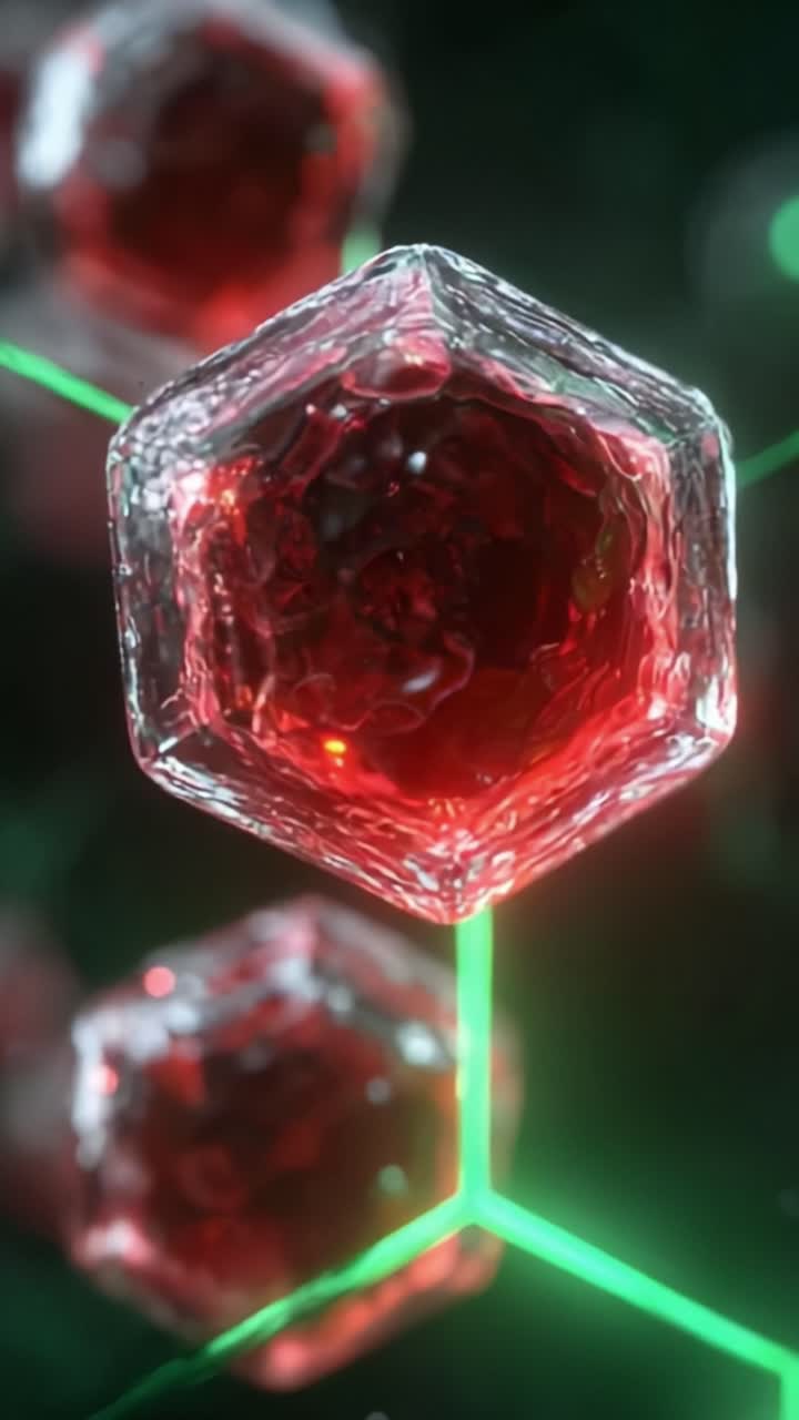 Primo piano complesso di celle esagonali incandescenti con ricco contenuto rosso collegate da strutture verde neon, che svela la bellezza delle forme di vita microscopiche