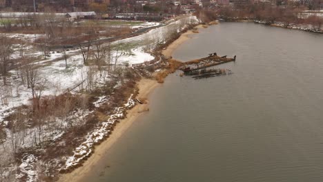 an aerial view of calvert vaux park on a cold winter morning