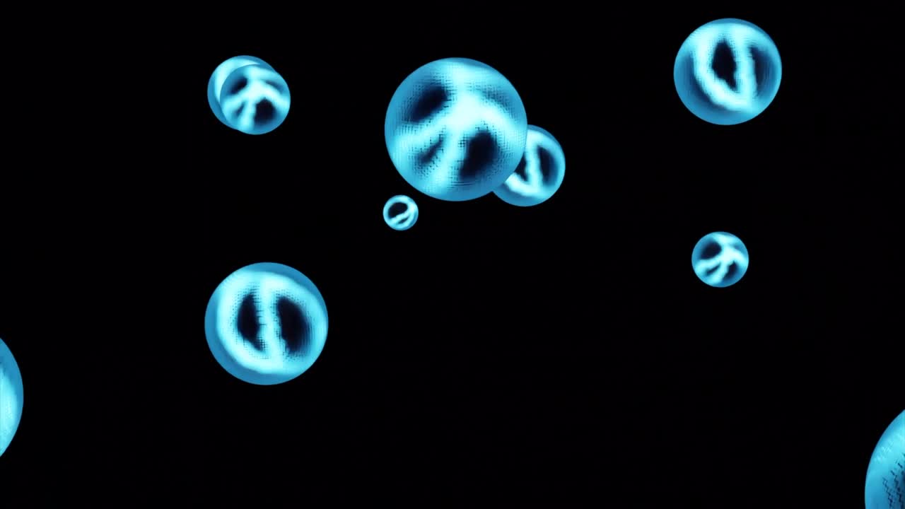 Rotating spheres with energy lines on abstract black background, seamless loop. Design. Spinning blue translucent molecules
