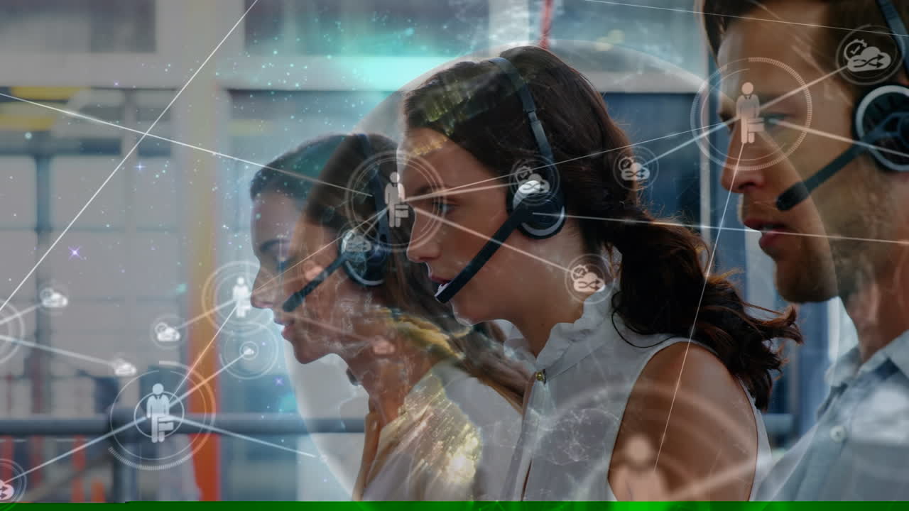 animación de la red de conexiones a través de personas de negocios que usan auriculares telefónicos