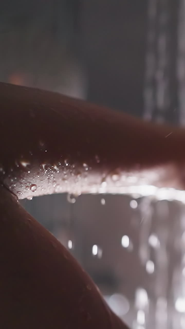 샤워 객실에서 은 물 에 있는 여자. 닫힌 눈을 가진 여자가 욕실에서 따뜻한 스프레이 아래 은 머리카락을 는다. 집에서 휴식을 위한 스파 관리