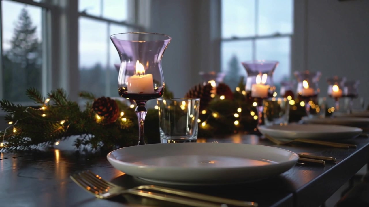 Gliding camera moving along wooden table, focusing white plate and purple candle glass for dinner