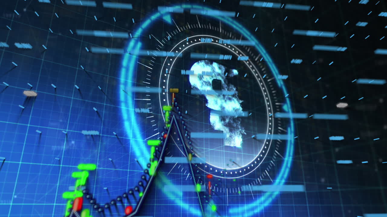 procesamiento de datos estadísticos y símbolo de escombros rusos sobre un escáner redondo contra un fondo azul