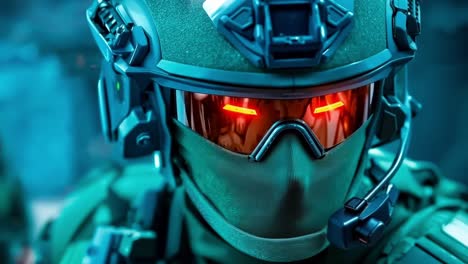 A close up of a soldier wearing a helmet and goggles