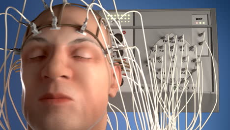 Man-wired-to-an-EEG-machine-or-electroencephalograph-which-produces-a-graphical-record-of-electrical-activity-of-the-human-brain.-Perfect-animation-for-any-science-or-medically-related-purposes.-HD