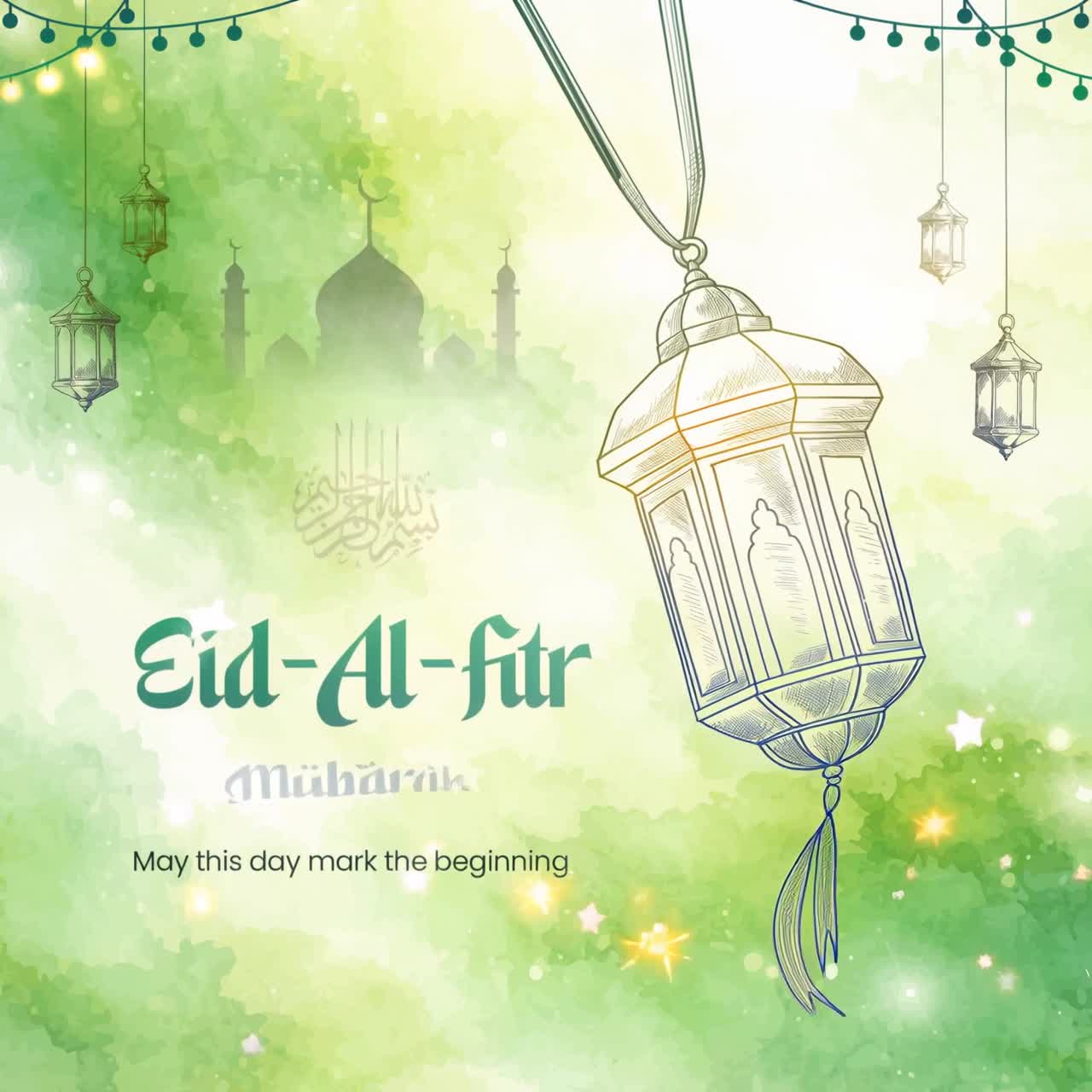 Animazione di auguri per l'Eid Mubarak ad acquerello con lanterne appese e mezzaluna su sfondo verde fresco