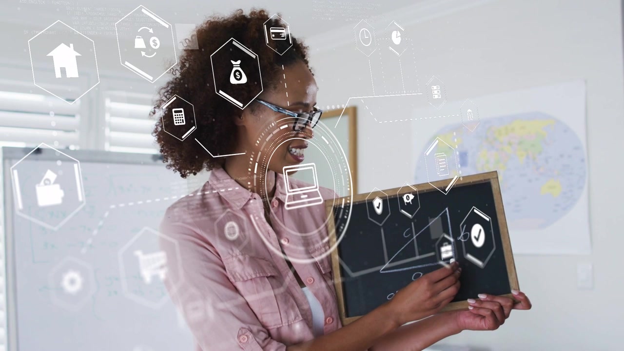 HUD graphics appearing tutor holding board turning pointing erasing triangle teaching Pythagoras