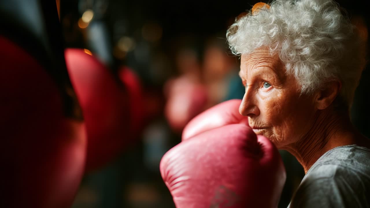 Empowered Aging: A Resilient Elderly Woman Engaging in Boxing As a Form of Strength Training and Self-Defense, Demonstrating Tenacity and Vitality Through the Sport