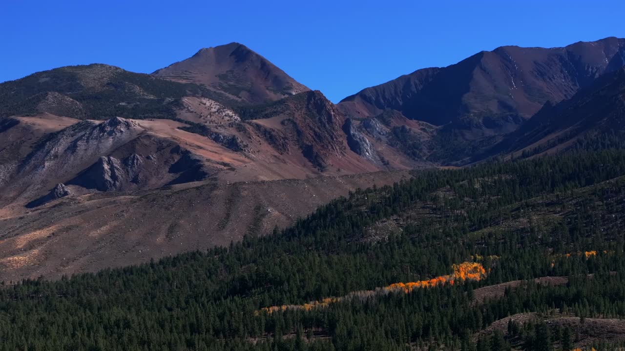 Mammoth Mountain Lakes Ski Area Sierras Nevadas Lake Mary Convict Canyon aerial drone California summer autumn fall Aspen Trees sunny blue sky Inyo National Forest circle left motion parallax