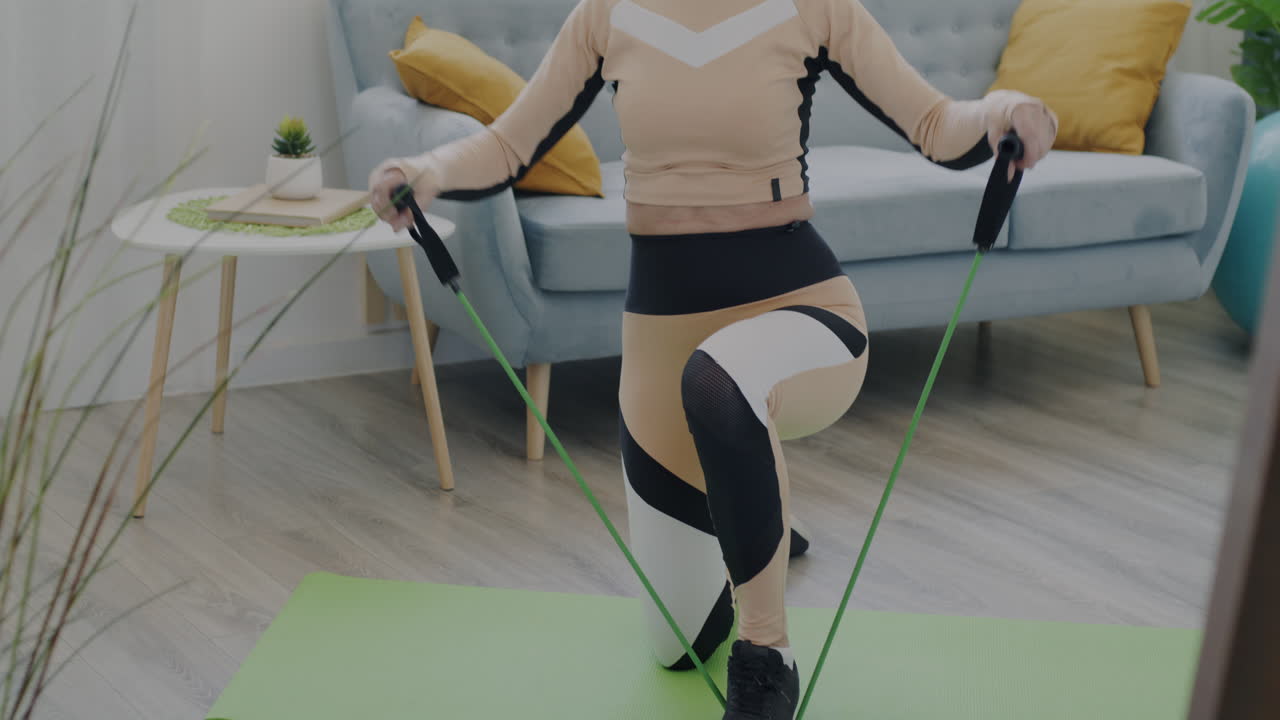 가정 에서 저항 밴드 운동 을 하는 여자