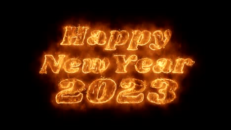 feliz año nuevo 2023 palabra animada caliente ardiendo ciclo de llama de fuego realista.