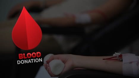 animation of blood drop and blood donation text over caucasian female patients