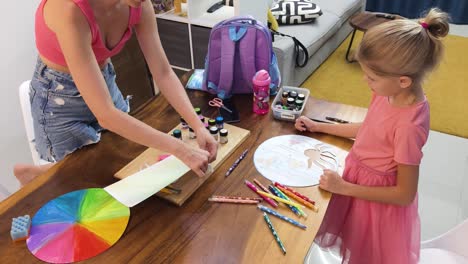 mother and daughter doing art project at home