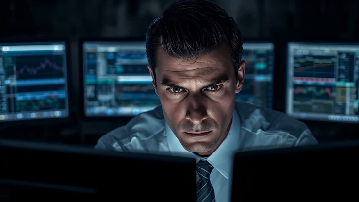 Als Reaktion auf die Preisaktualisierung, Händler am Trading Desk, Hemd und Krawatte, der sich vorbeugt, um die Monitore nach Trades zu prüfen
