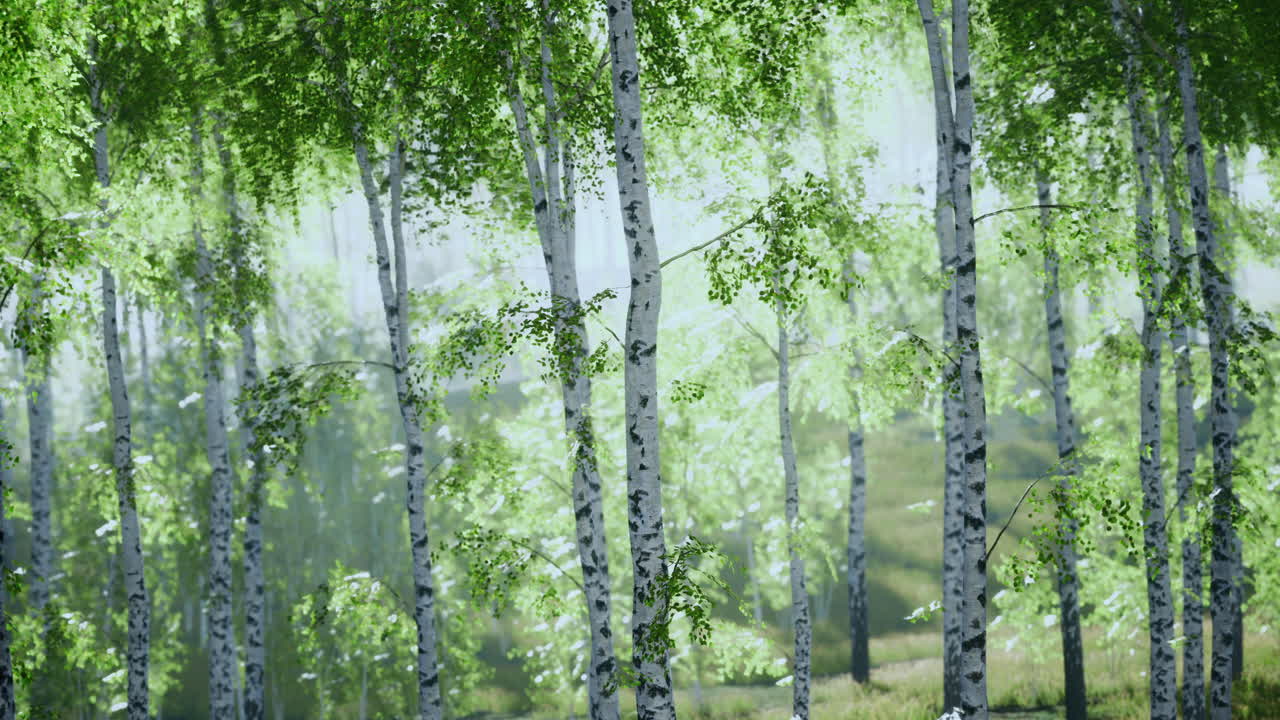 Lush birch forest bathed in soft morning light during the early spring