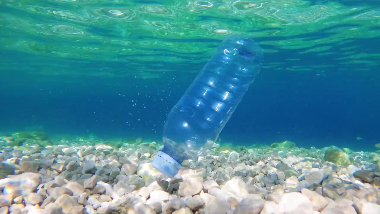 Una bottiglia di plastica galleggia sott'acqua sopra un fondale marino roccioso. La luce del sole si riflette sulla superficie dell'oceano. Sono presenti rifiuti plastici marini. L'ambiente circostante è un habitat acquatico.